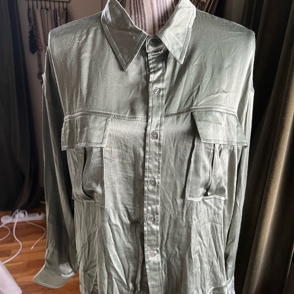 Army green satin oversized button up blouse medium